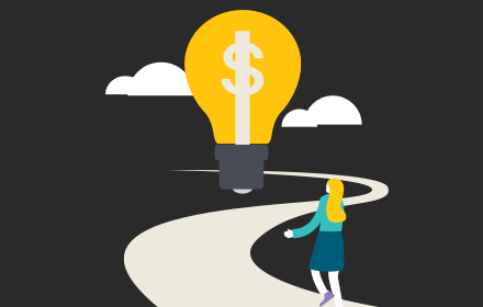 Illustration of lady with blonde hair walking on a windy path towards a light globe with a dollar sign in it