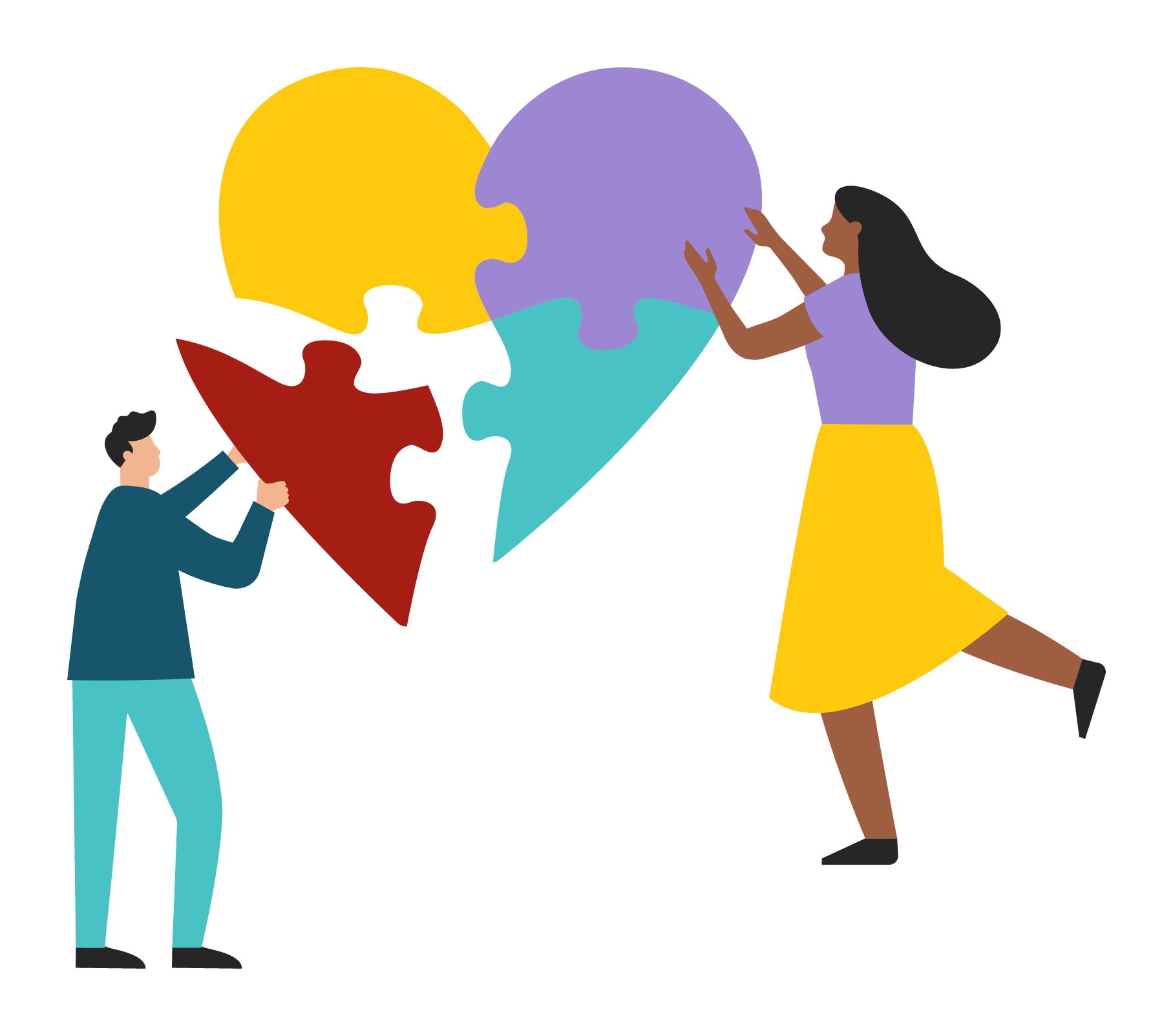An illustration of two people putting together colorful heart-shaped puzzle pieces. The collaborative effort conveys teamwork and unity.