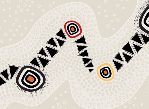 Abstract aboriginal artwork with black and white geometric patterns, red and yellow circles, and dotted wavy lines on a beige background