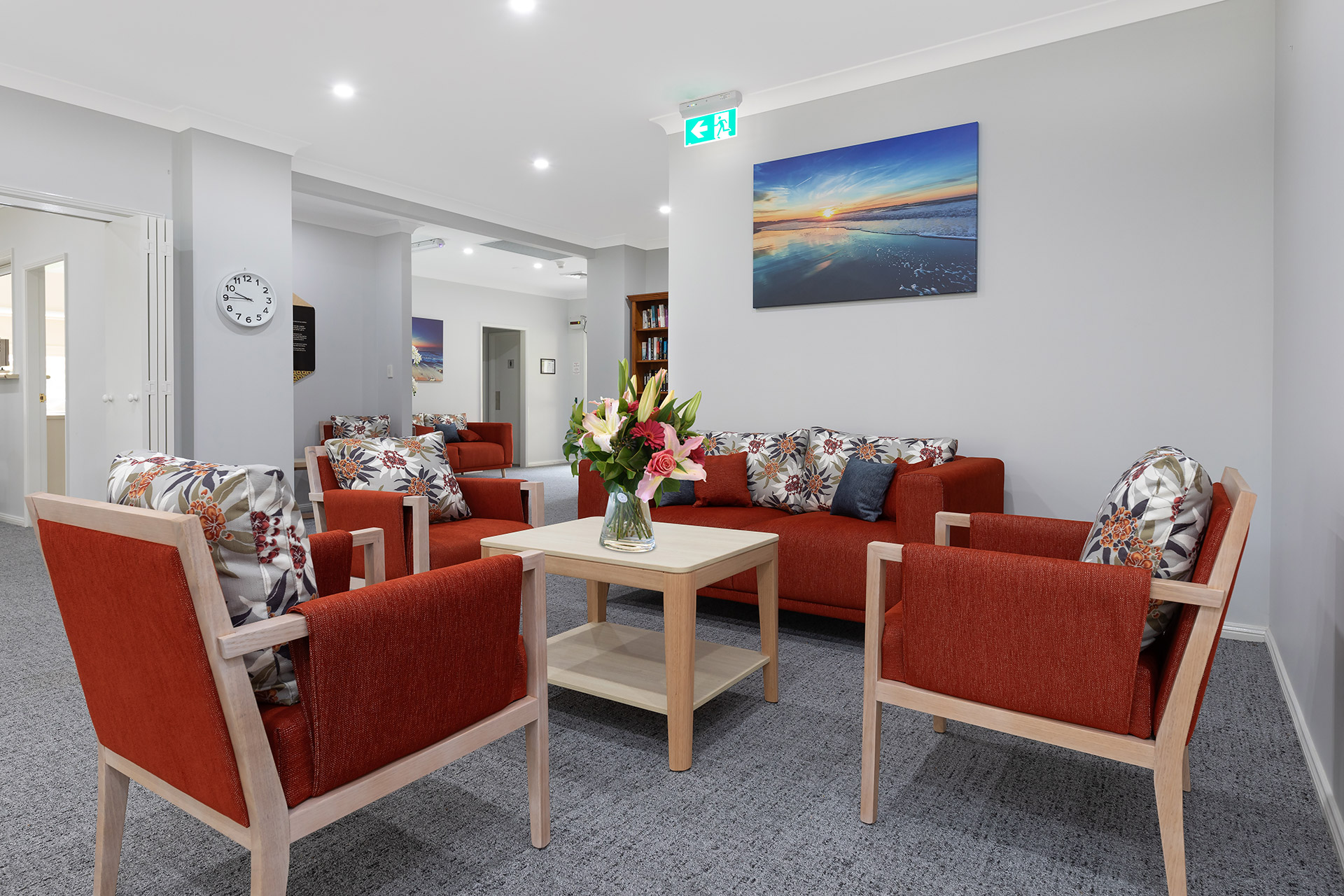 Communal sitting area in clean well lit hall