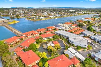 Arial view of the red roofs beside the Hastings river