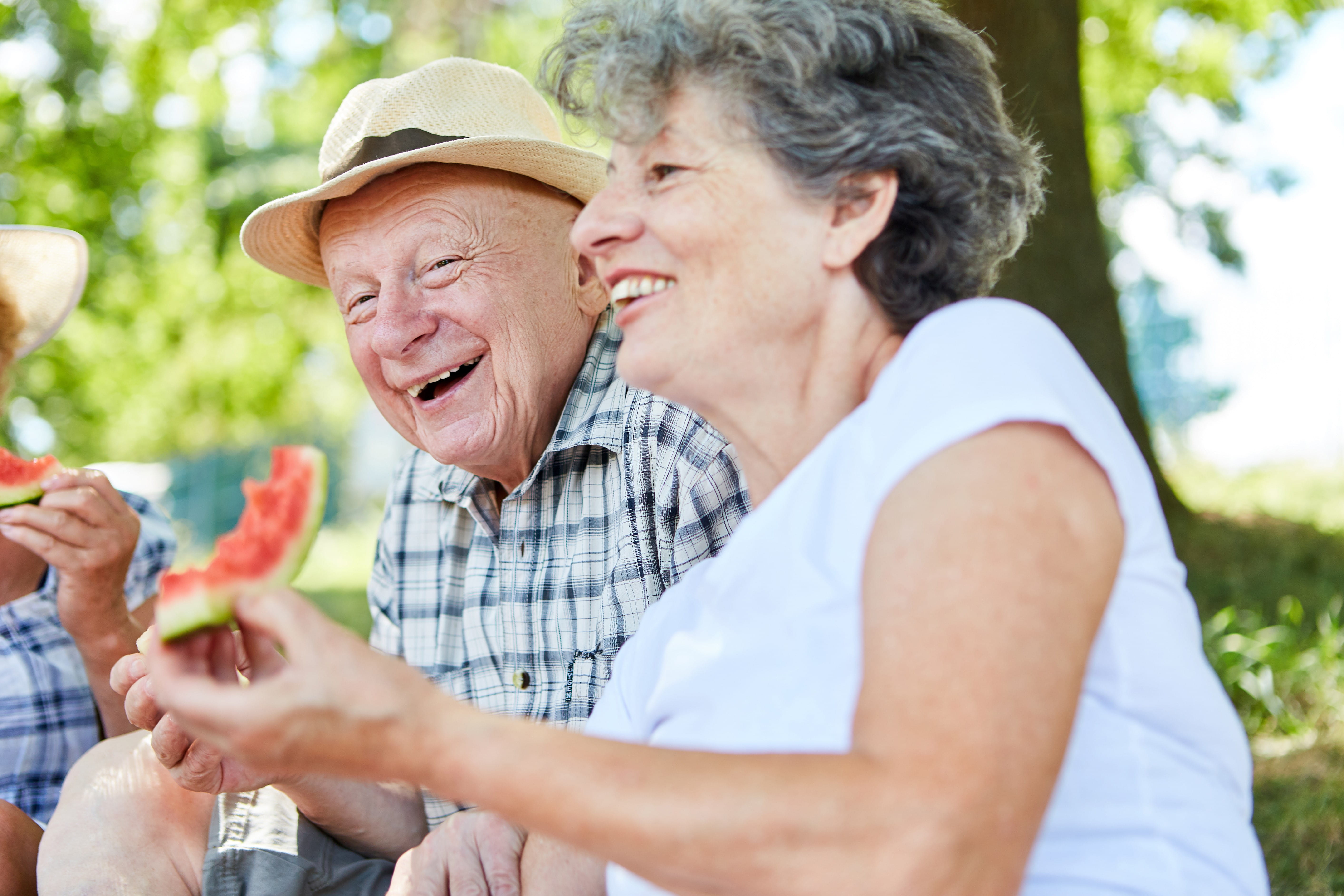 Two elderly friends laughing and eating watermelon