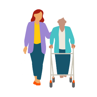 Illustration of woman with walker walking with her carer