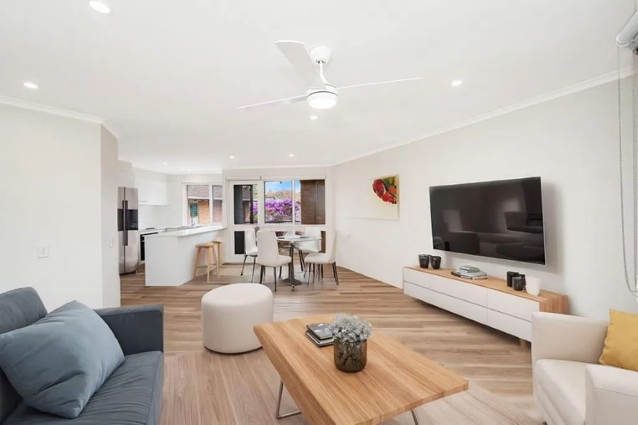 Modern living room timber flooring and modern furniture