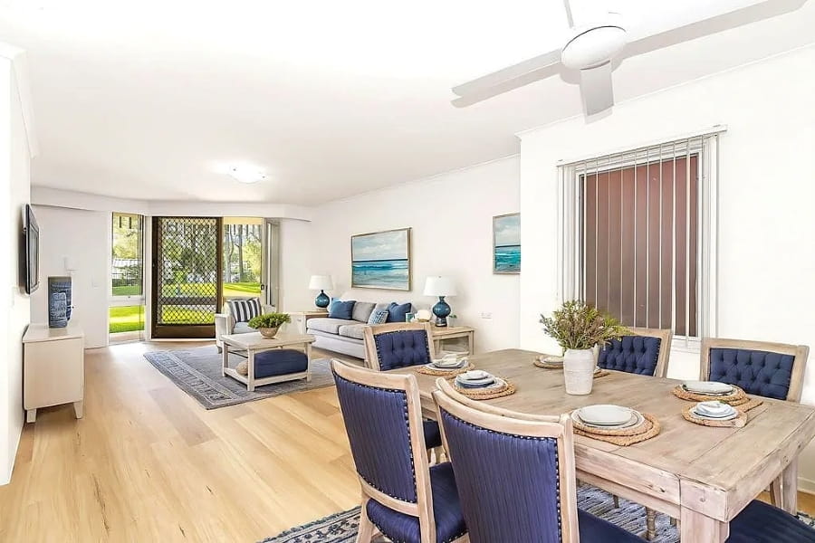 Light filled living and dining area from a Kiah Lodge apartment