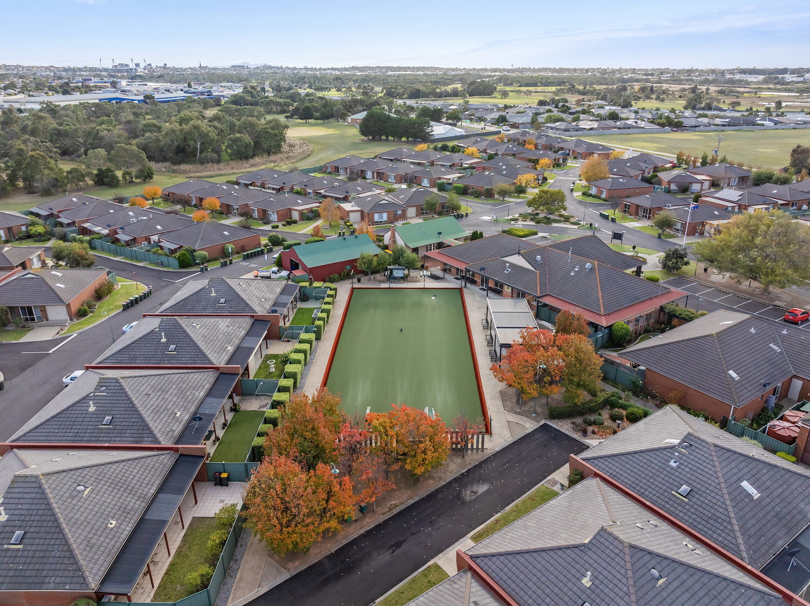 Birdseye view of a bowls pitch surrounded by Geelong Grove