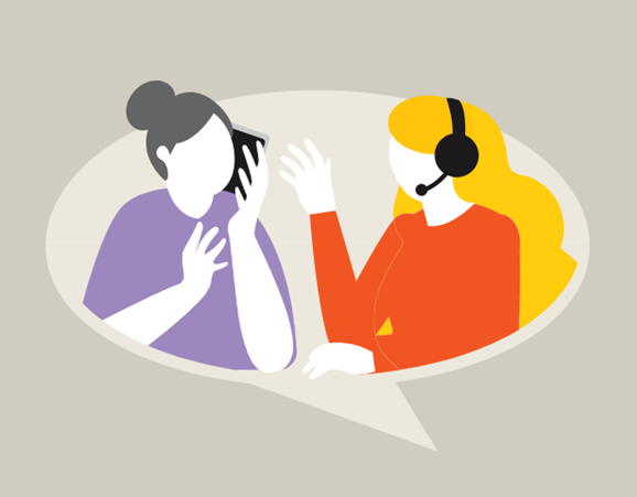 Illustration of two people talking on the phone, one is wearing a headset