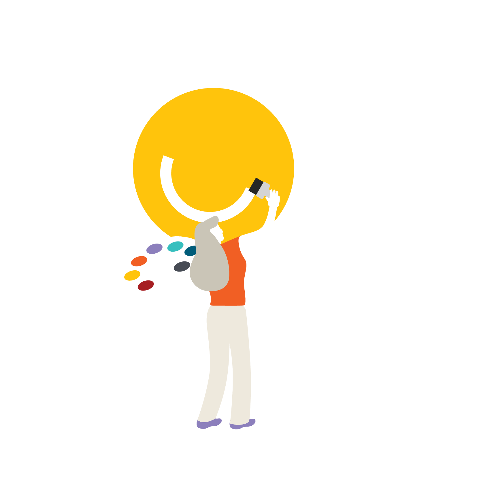 Illustration of woman holding a painters palette painting a smile on the sun to depict real wellbeing