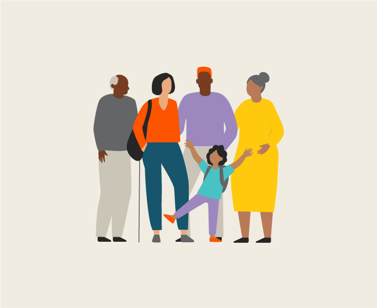 Illustration of grandfather, grandmother, mother, father and little child holding hands