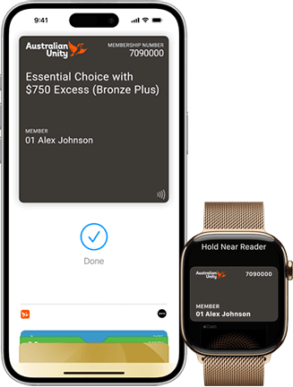 iPhone displaying an Australian Unity's member digital card and an Apple watch