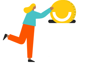 Illustration of a person standing on a cloud, putting a giant coin into a slot in another cloud