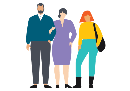 Illustration of two parents with a young adult or teen child.