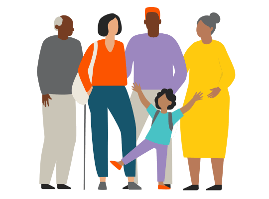 Illustration of a family, featuring two grandparents, two parents, and a small child.