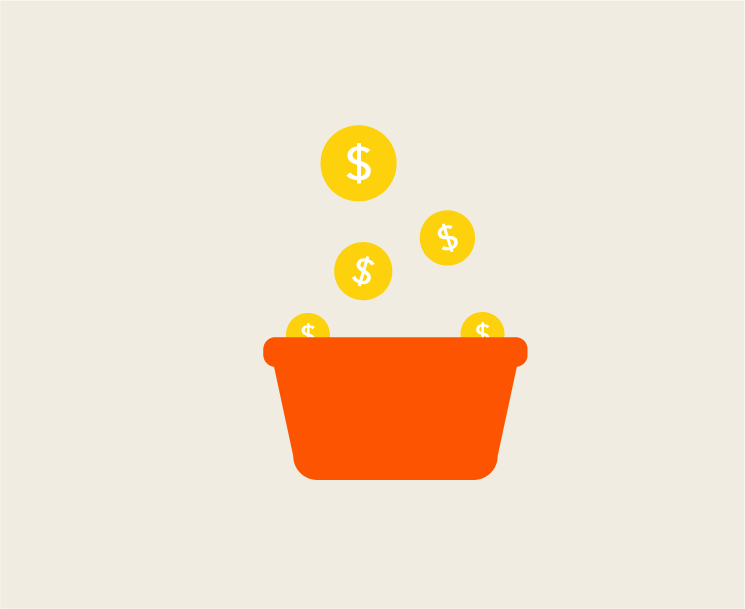 Illustration of gold coins bouncing out of an orange bowl