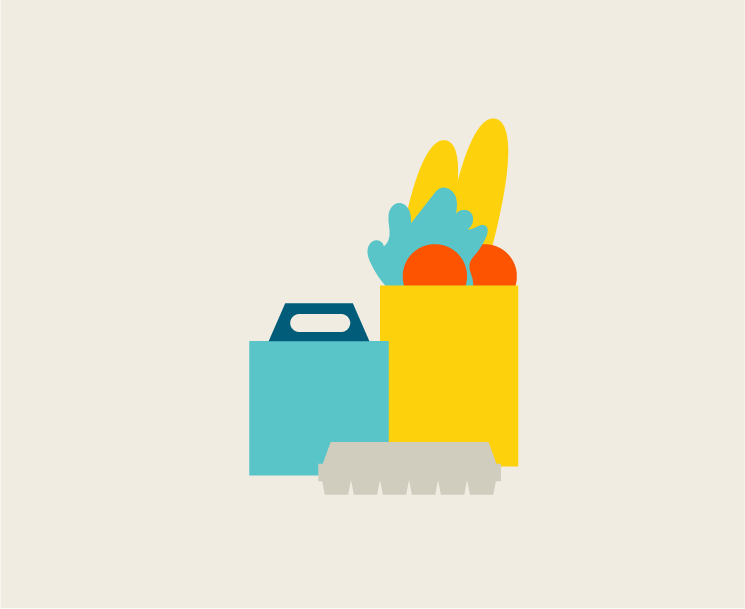 Illustration of carton of eggs, and bag of groceries
