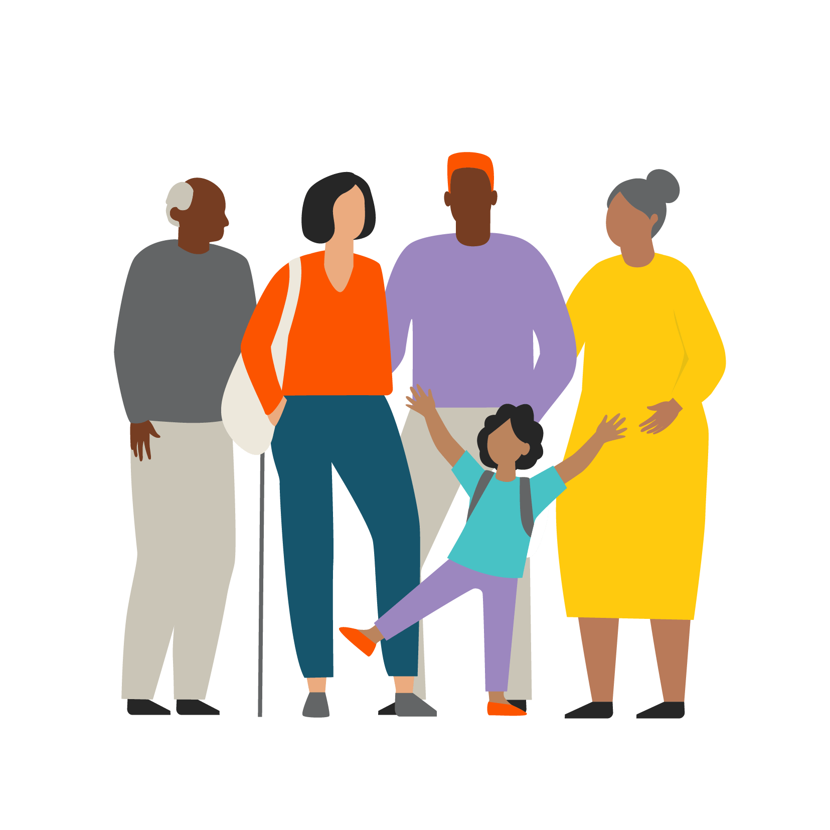 Illustration of grandparents, parents and kids in a cuddle