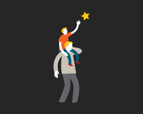 A vector of a child on his Dad's shoulders reaching for a star