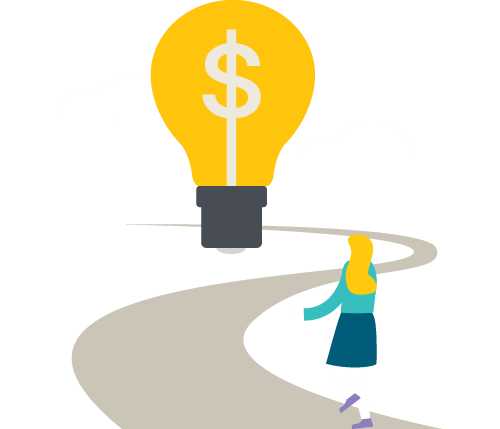 An illustration yellow bulb, with a dollar symbol as the element. A path leads to it with a person walking towards it.