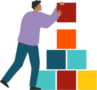 An illustration of  a person stacking multicoloured boxes.