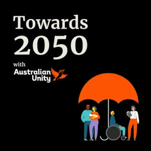 Illustration of  people under an umbrella with "Towards 2050" above them. 