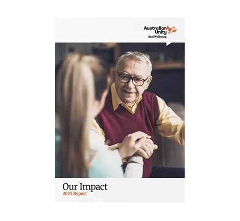The front cover of the Australian Unity "Our Impact" report for 2025
