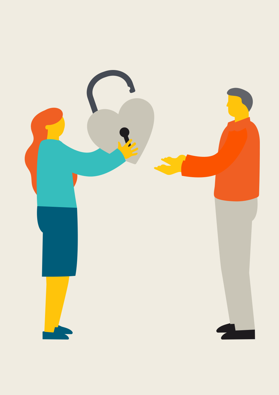 Woman passing a love hear lock to a man