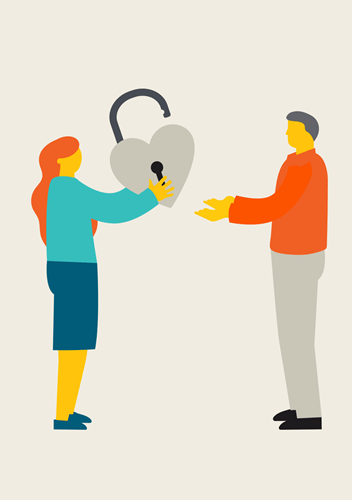 Woman passing a love hear lock to a man