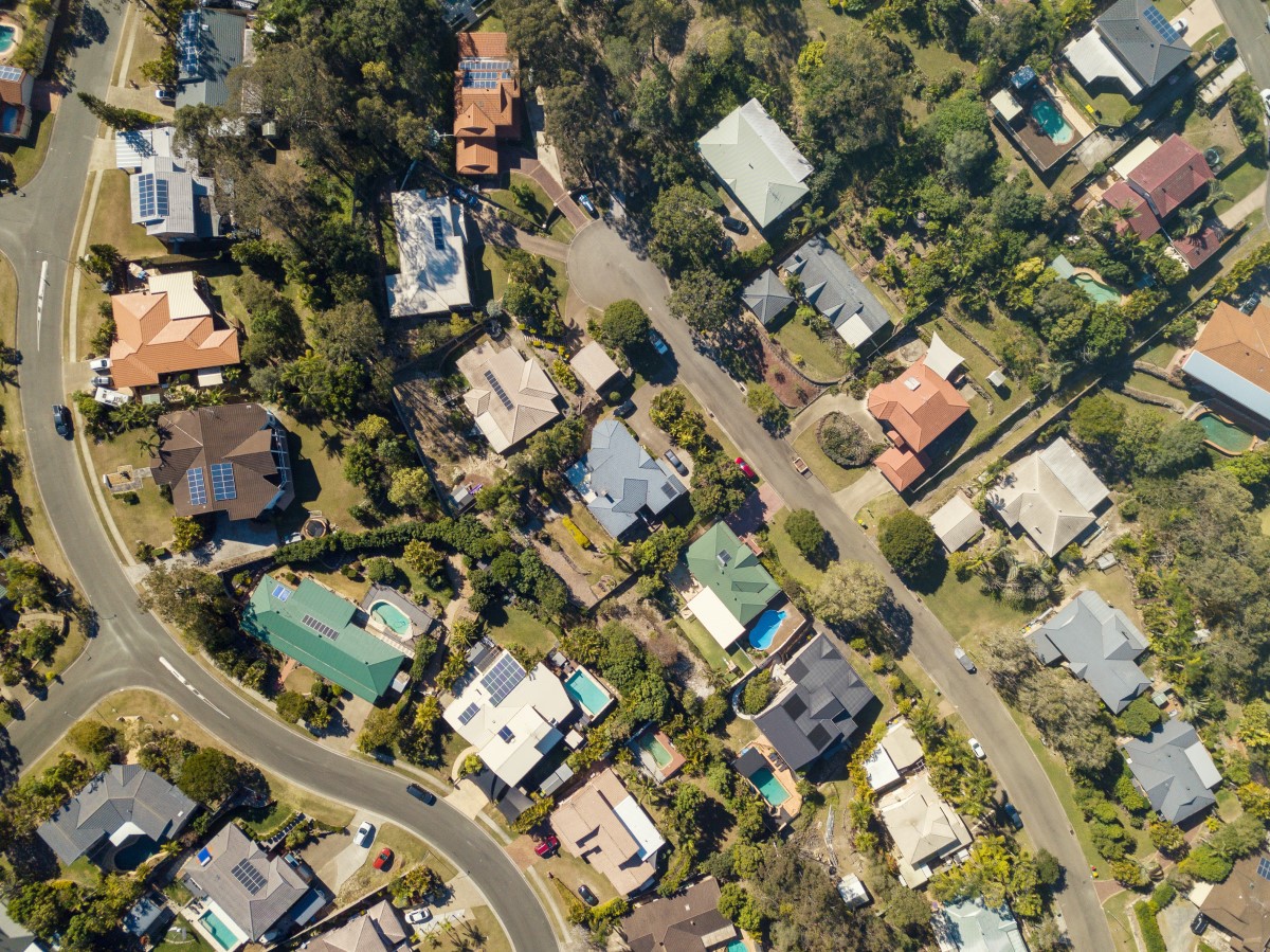 Overhead street view of Australian suburb