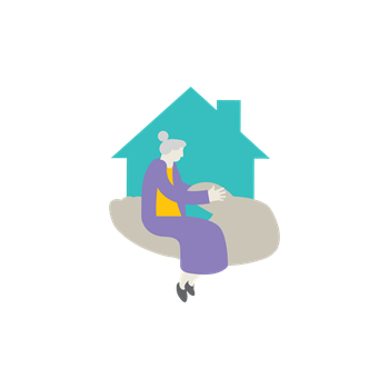 Illustration of a woman and house being held in the palm of a hand to represent aged care