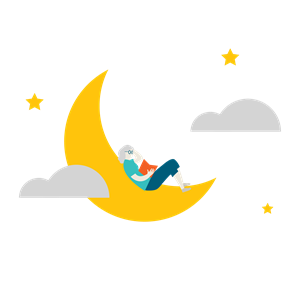 Illustration of a woman lying on the moon reading a book to represent retirement living