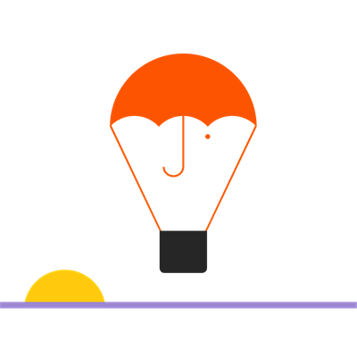 Illustration of a hot air balloon that looks like a face and a rising sun to represent the concept of Future security