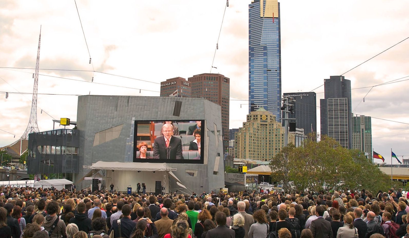 Big screen broadcast at Federation Square of Kevin Rudd's national apology
