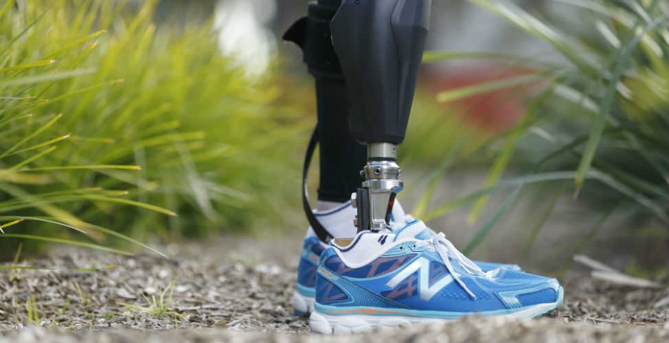 Close-up of prosthetic leg and foot