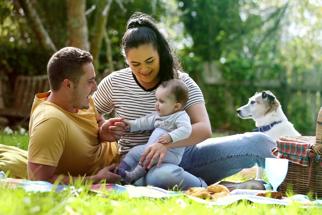 Happy mum, dad and baby sitting on a picnic blanket in the park, with dog looking on