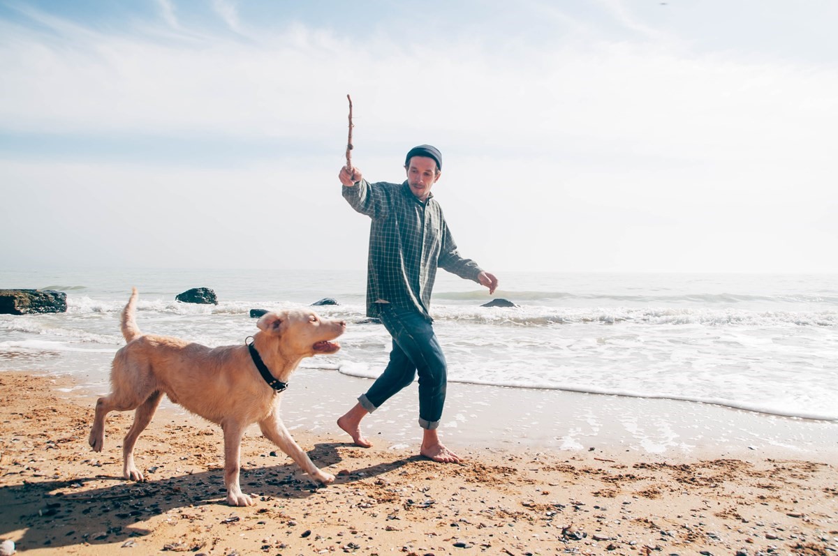 Man about to throw a stick into ocean for his golden labrador to fetch