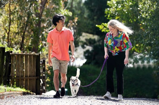 Smiling man and woman walking a small white dog