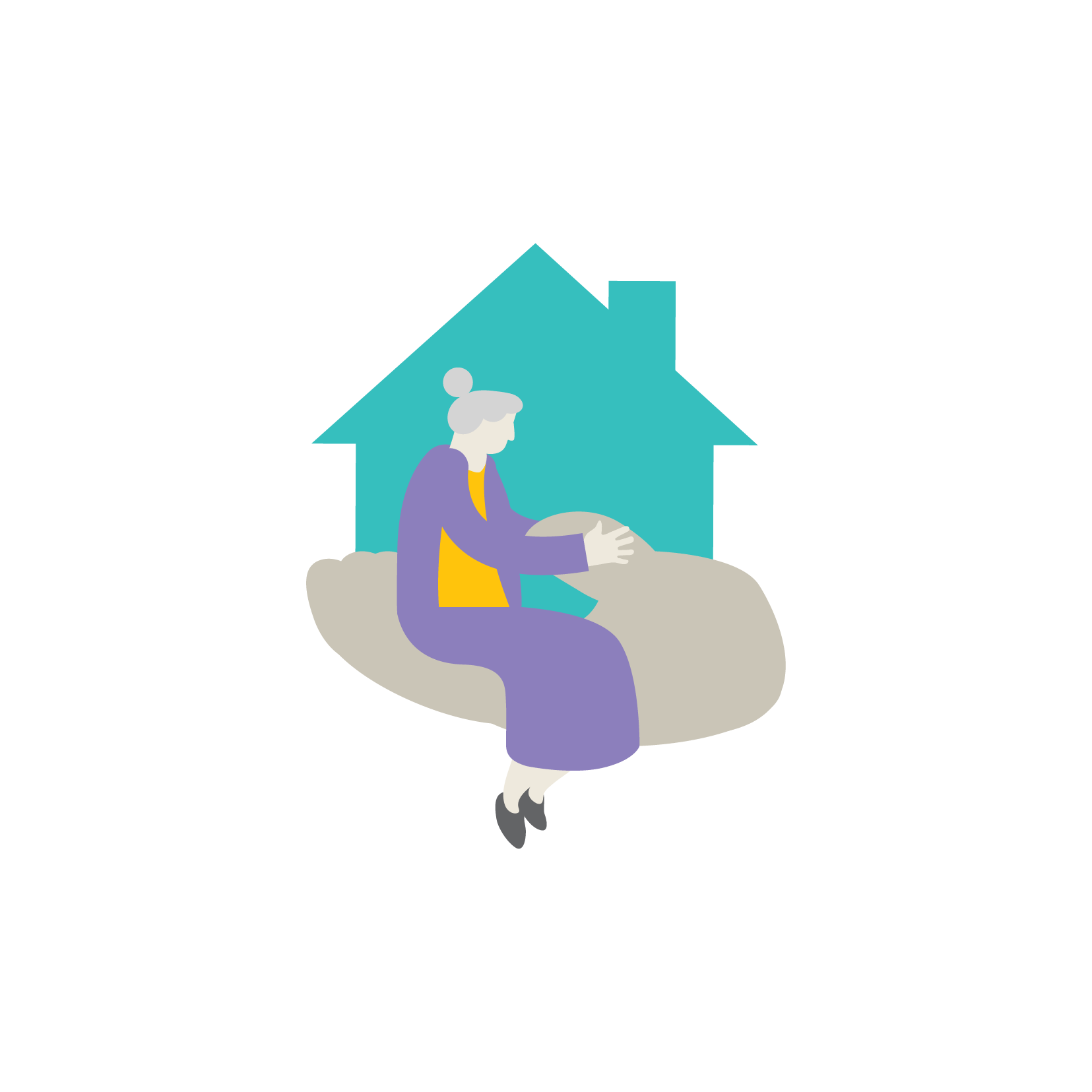Illustration of a woman and house being held in the palm of a hand to represent aged care
