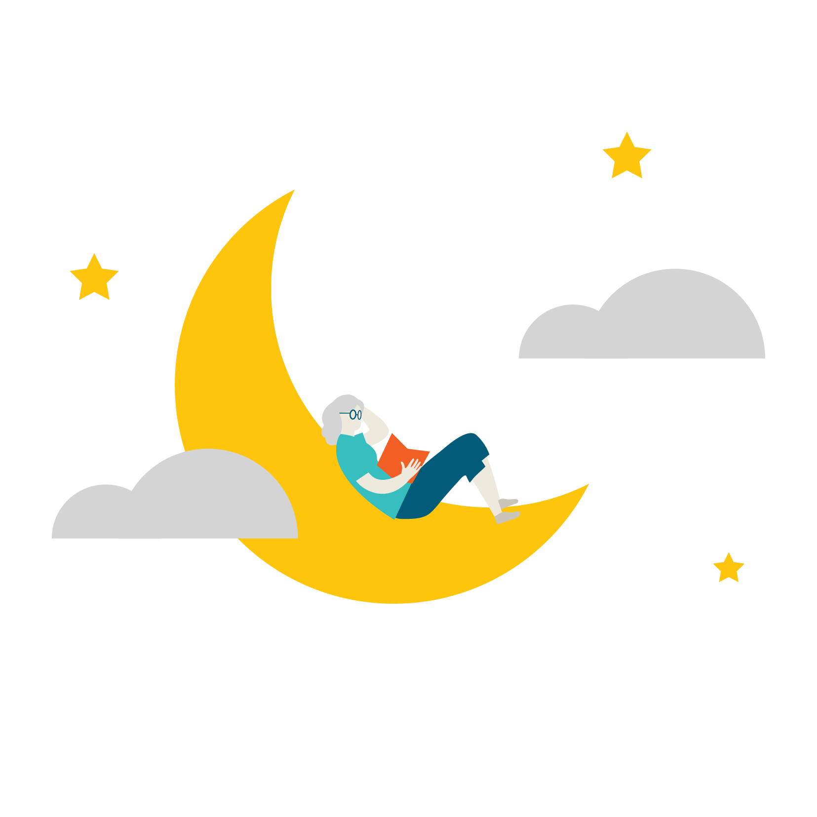 Illustration of a woman lying on the moon reading a book to represent retirement living