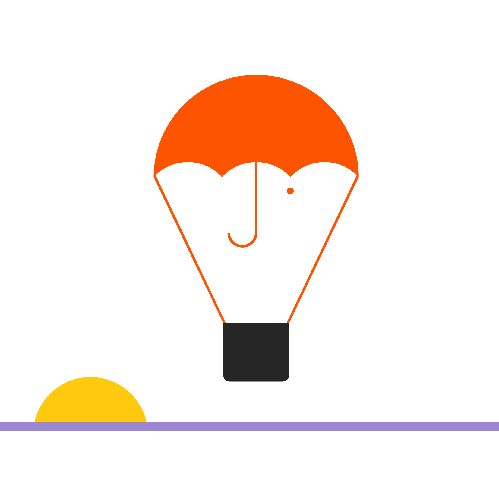 Illustration of a hot air balloon that looks like a face and a rising sun to represent the concept of Future security