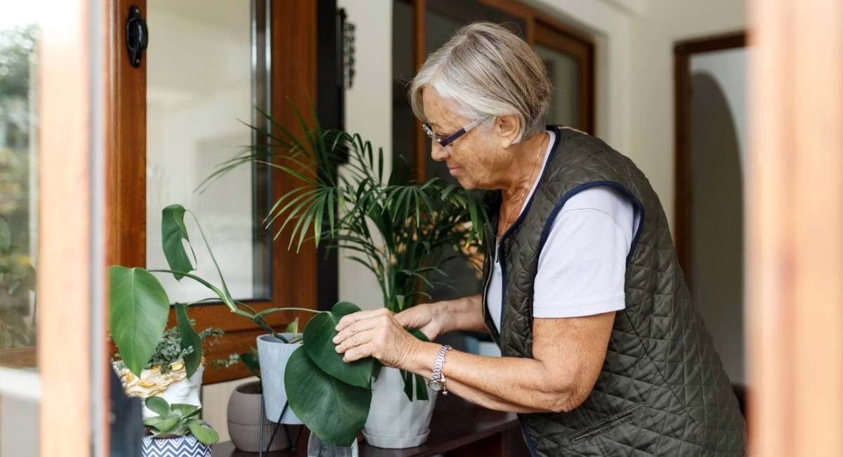 An elderly woman happily tending to indoor plants