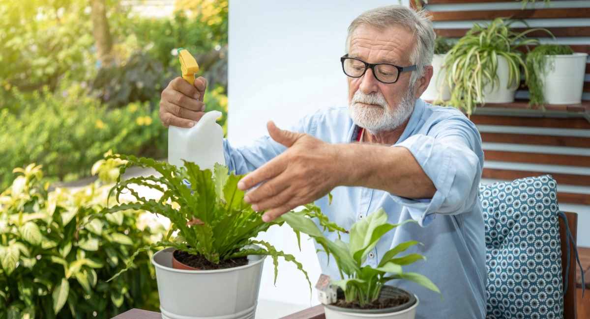 A senior male sitting at a table on a balcony while tending to plants