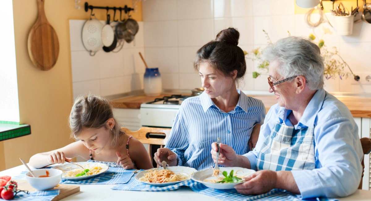 A multigenerational family sitting at a kitchen table eating a healthy meal