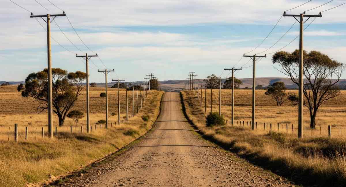 An unpaved road with farmland on either side