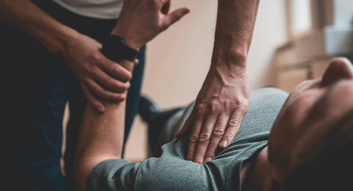 A man receiving a shoulder massage from a remedial massage therapist