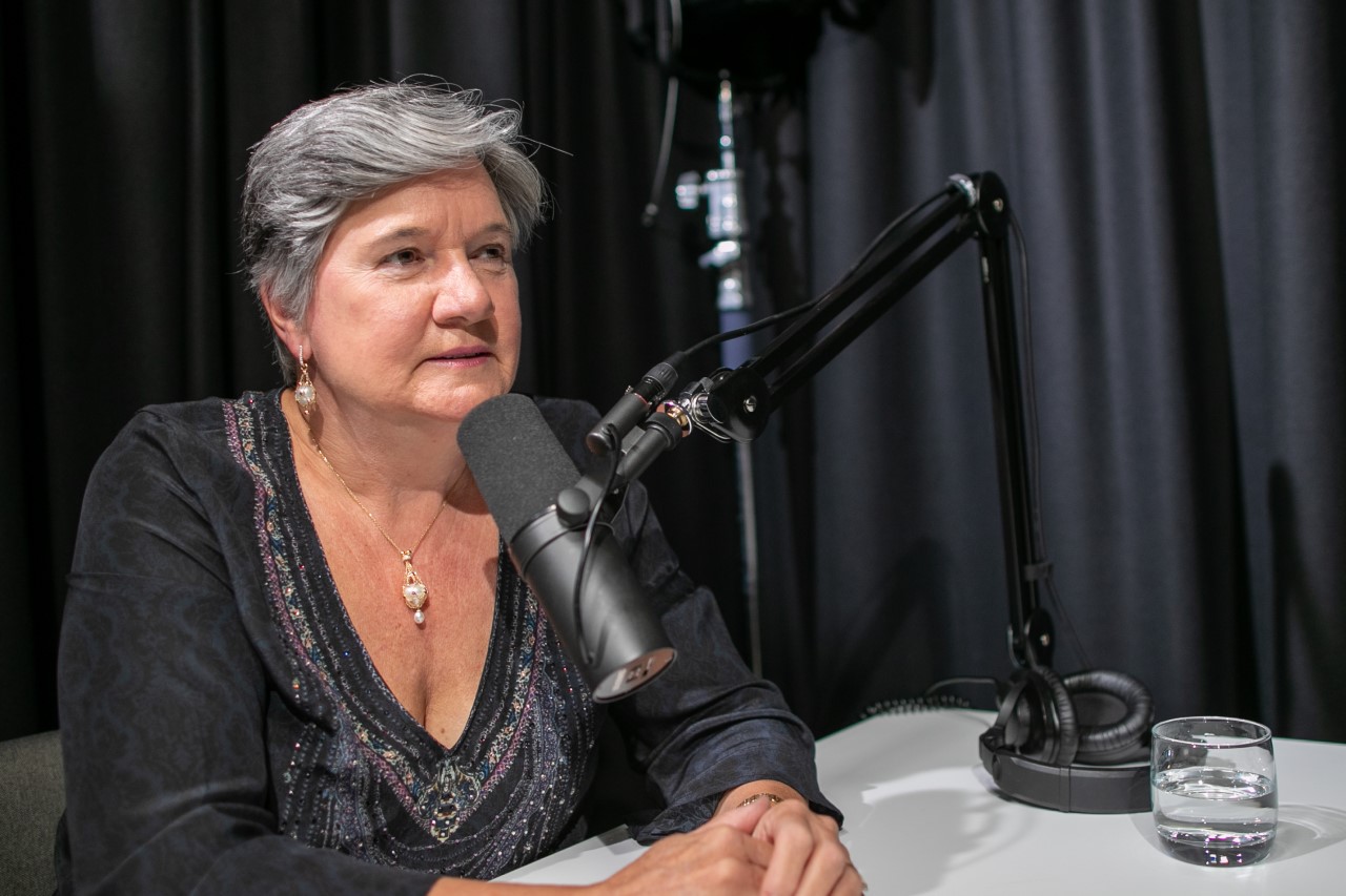 Jennifer Batrouney speaking during a podcast recording session