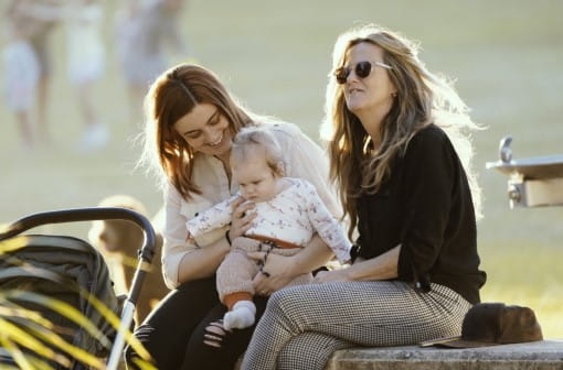 Two women with toddler enjoying the sunshine