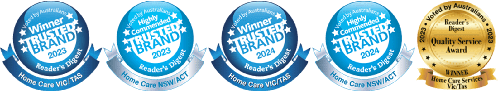 Four circular badges display awards. Two blue "Winner Trusted Brand" badges for home care in 2023 and 2024. Two gold awards for quality service.